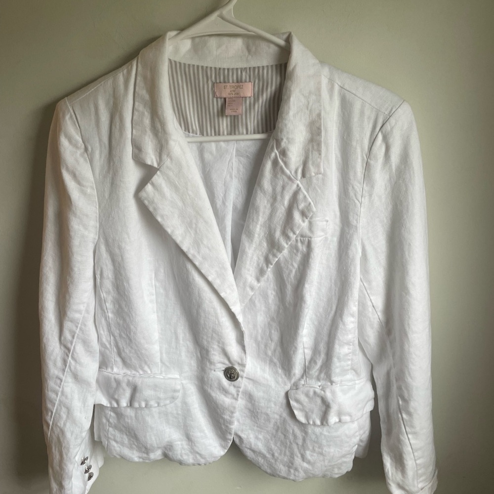 St. Tropez West White 100% Linen 1 Button Blazer Jacket Large Nautical